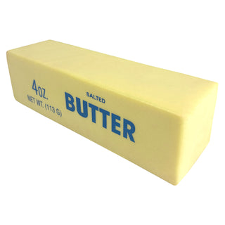 Yellow foam squishy butter stick toy with blue salted butter label text