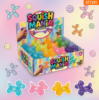 Squish Mania squishy balloon dog toys in blue, pink, orange, and purple glitter