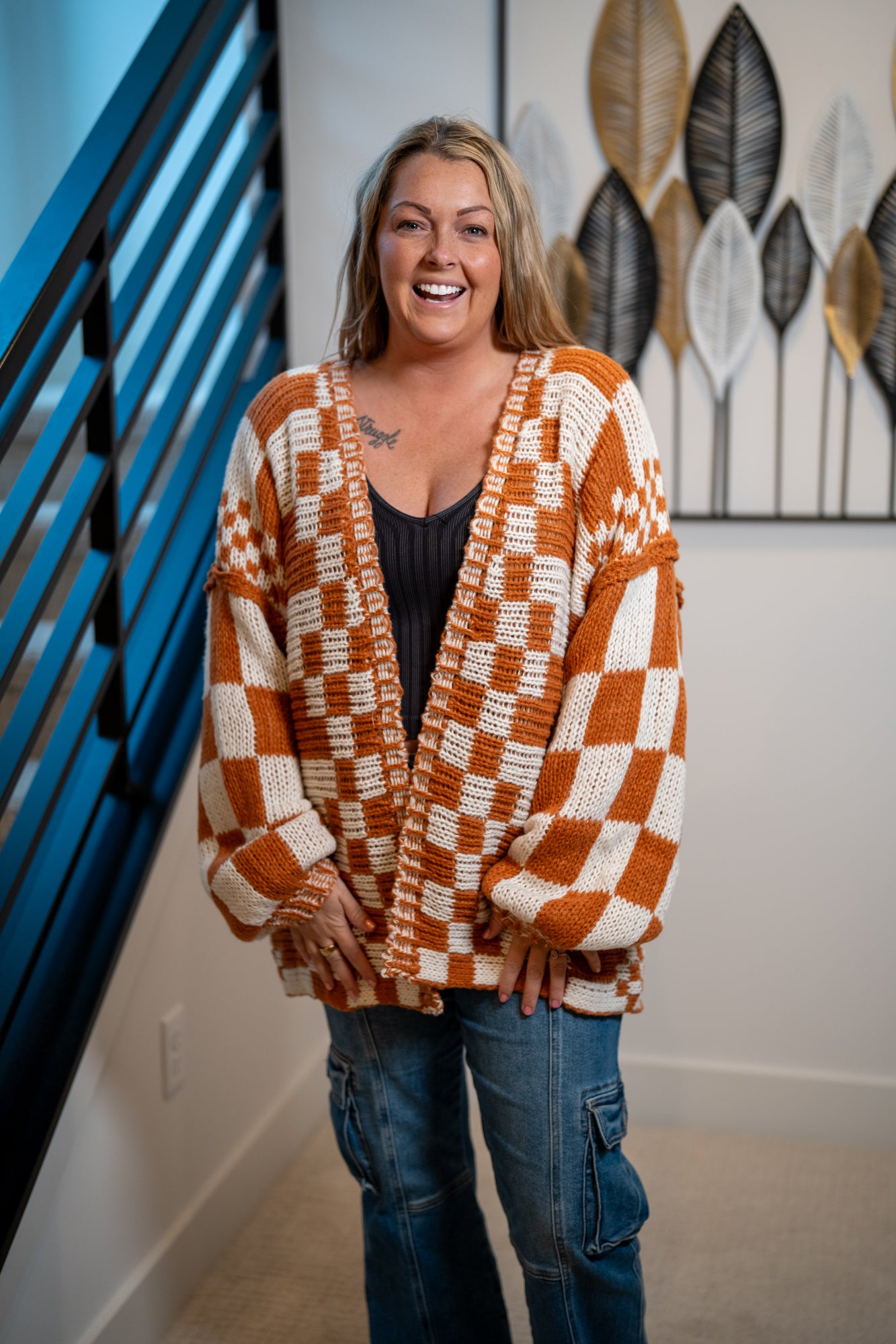 BiBi Checkmate Chunky Cardigan — Rust & Cream - Buttercup Lynne Boutique