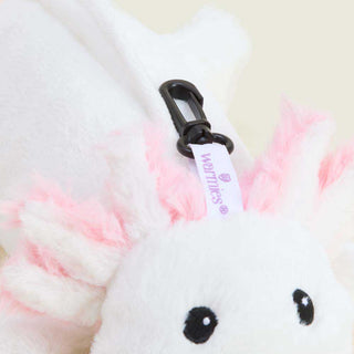 Warmies Axolotl Bag Charm plush with black clip and brand tag close-up