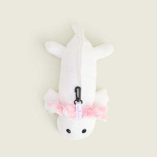 Warmies Axolotl Bag Charm plush toy in white and pink, shown from back with clip