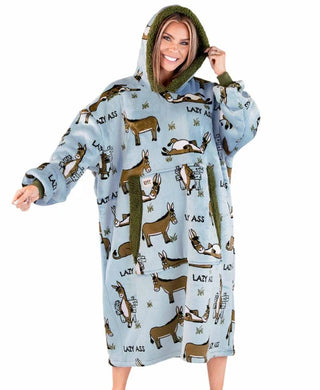 Woman wearing light blue Lazy Ass oversized blanket hoodie with donkey pattern print