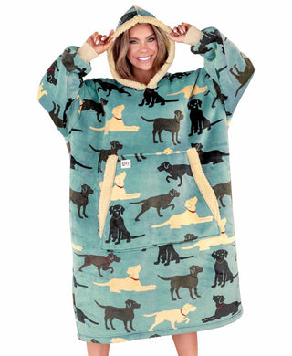 Woman wearing oversized teal hoodie blanket with Labrador dog print by Lazyone