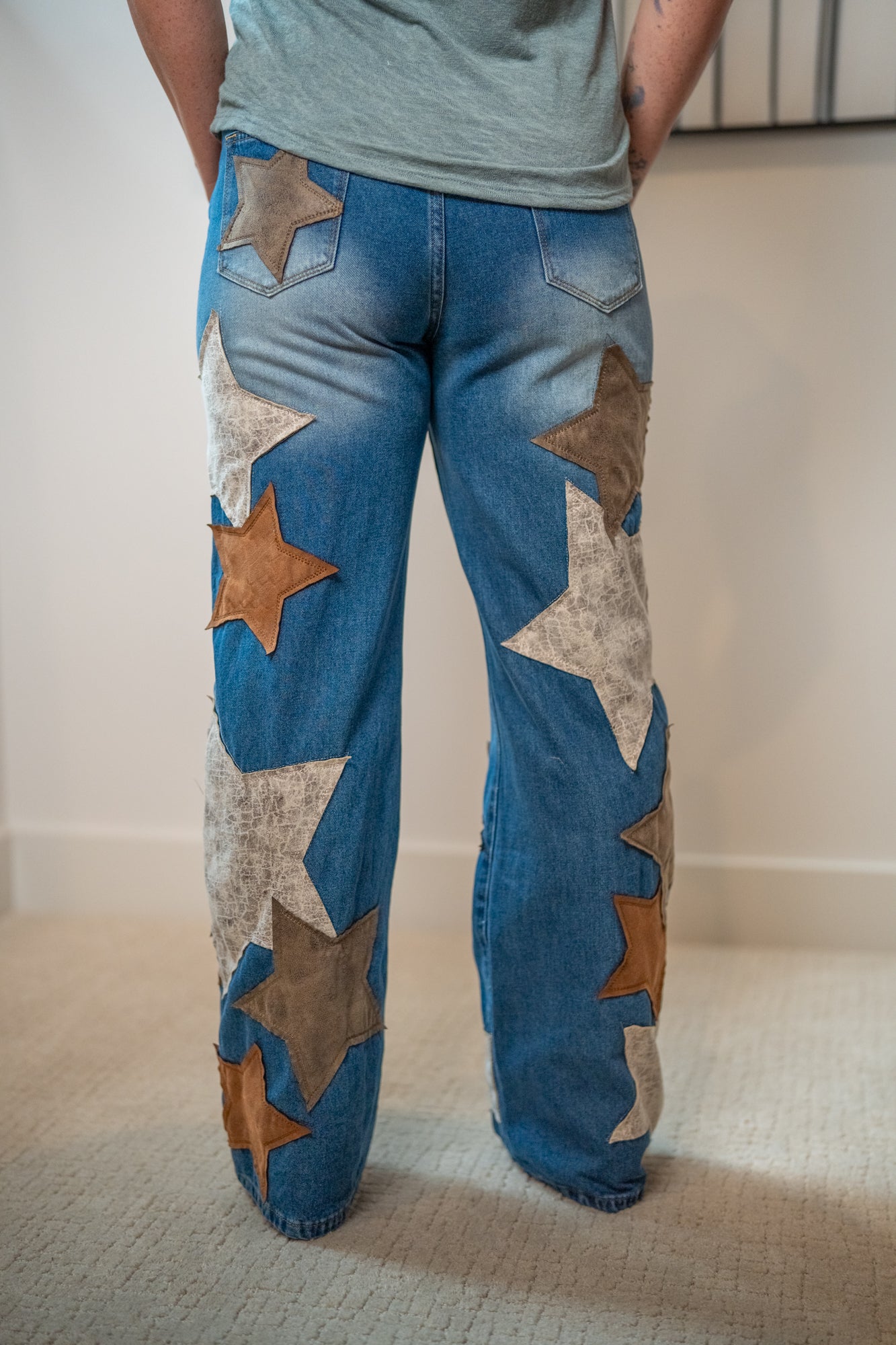 Oli & Hali Washed Leather Star Patched Jeans - Buttercup Lynne Boutique