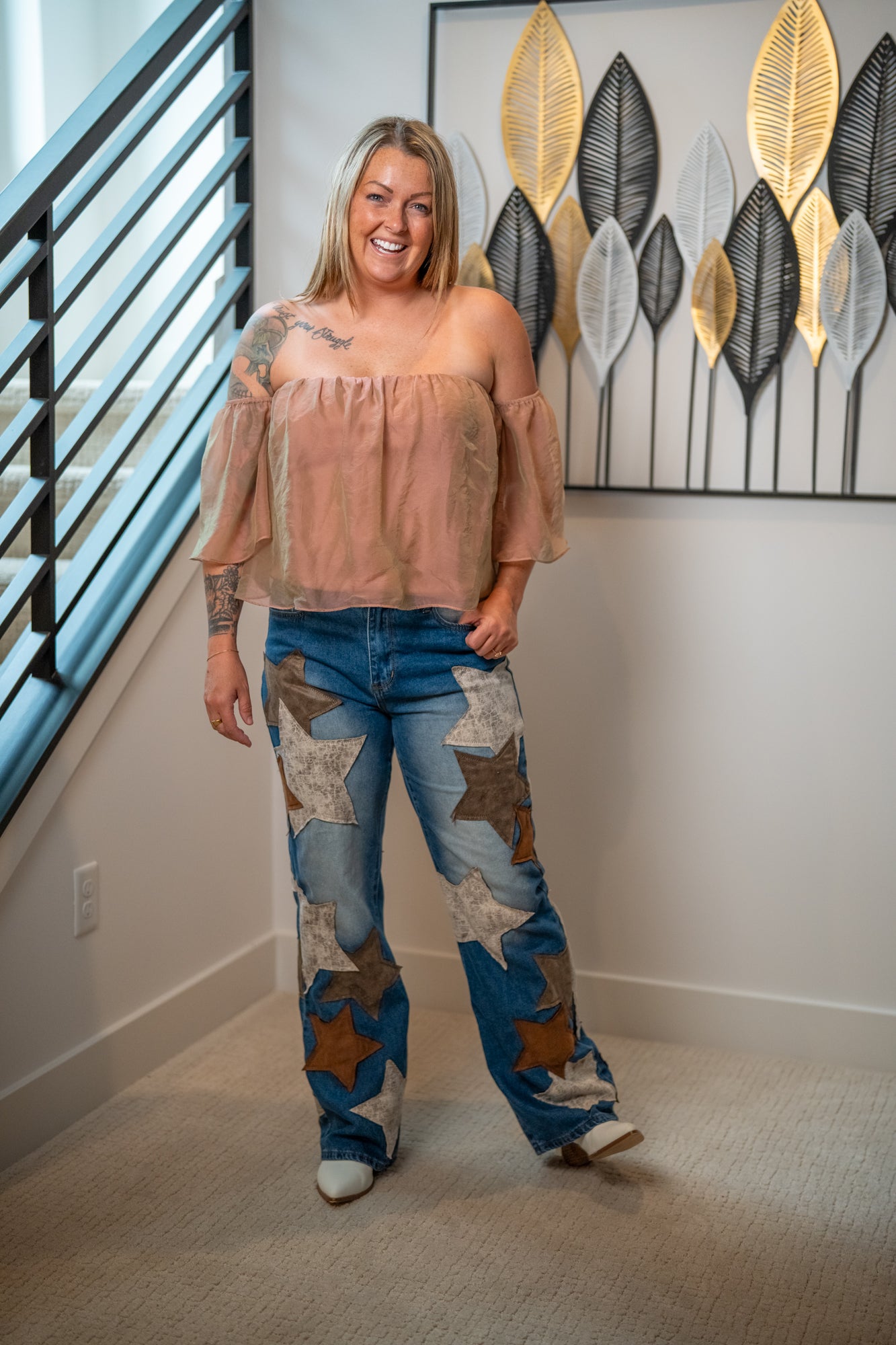 Oli & Hali Washed Leather Star Patched Jeans - Buttercup Lynne Boutique