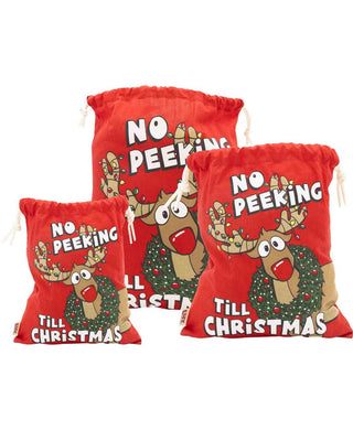 Three red cotton drawstring bags with reindeer and No Peeking Till Christmas print