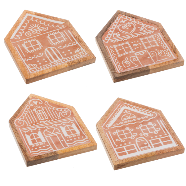 ganz Four hexagonal coasters with gingerbread house designs on a white background