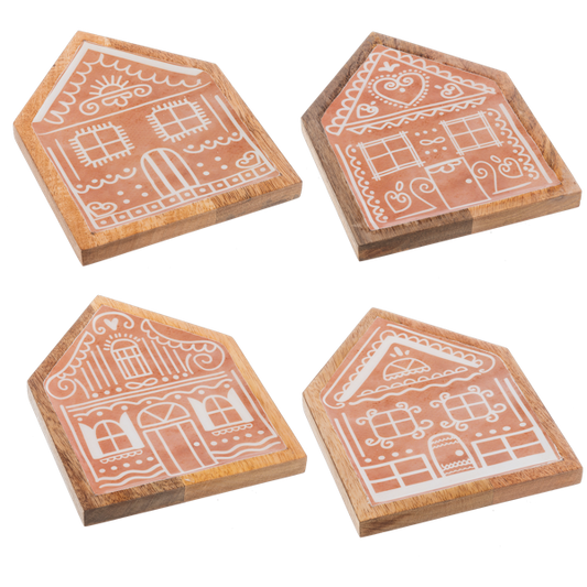 ganz Four hexagonal coasters with gingerbread house designs on a white background