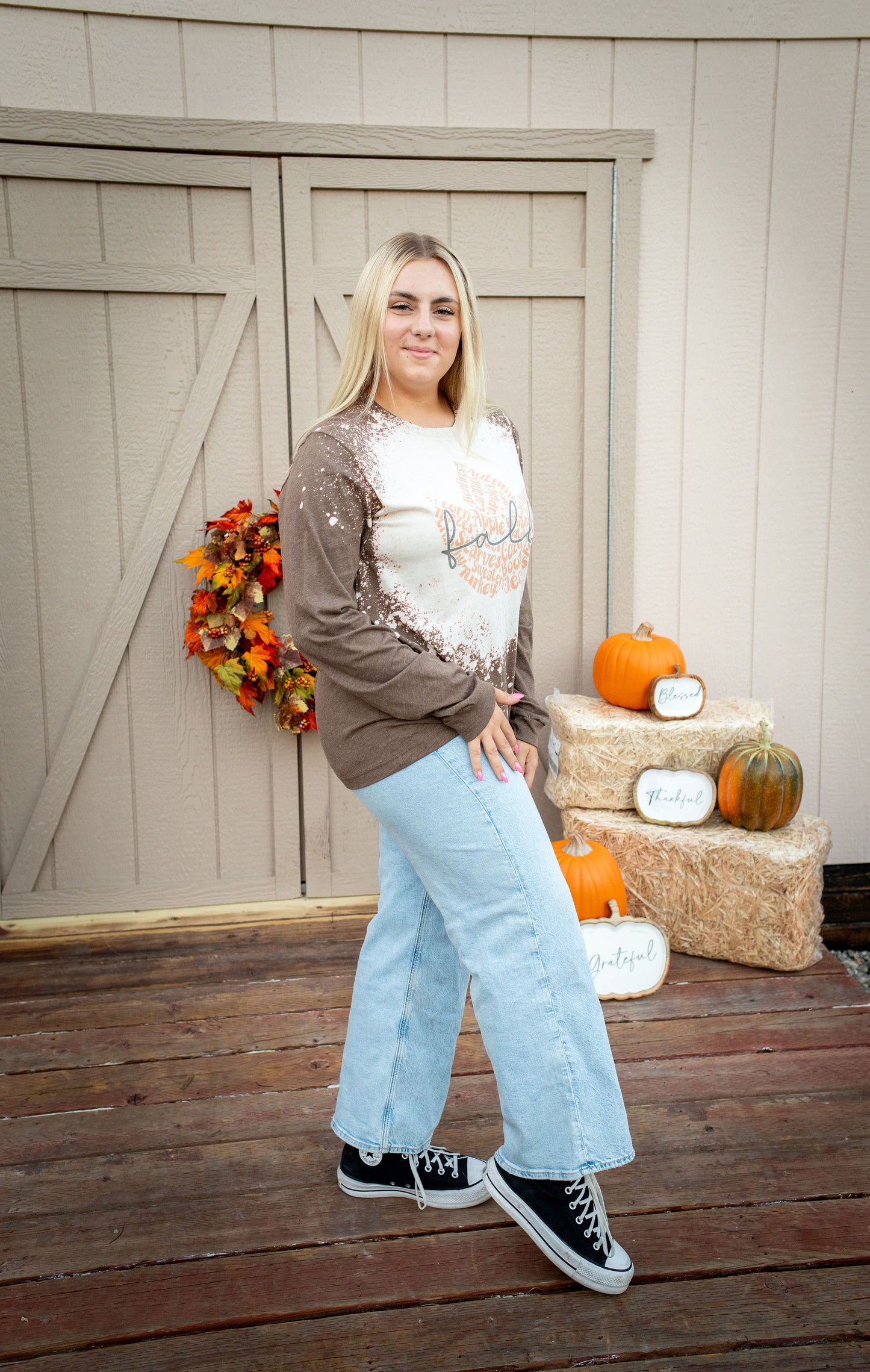 Fall Leaf Bleached Long Sleeve Graphic Tee