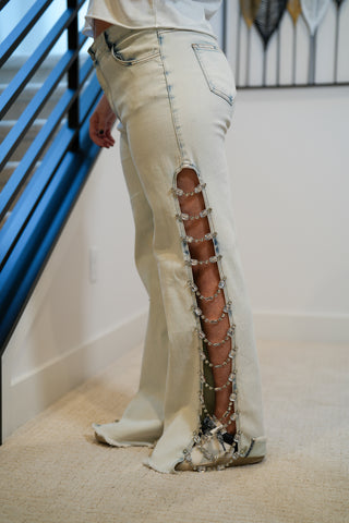 Denim Stretch Jeans Cut Out Sides With Jewels - Buttercup Lynne Boutique