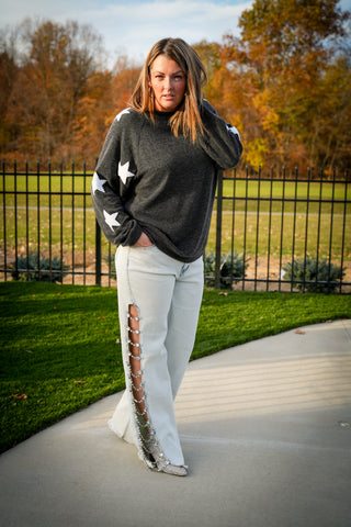 Denim Stretch Jeans Cut Out Sides With Jewels - Buttercup Lynne Boutique