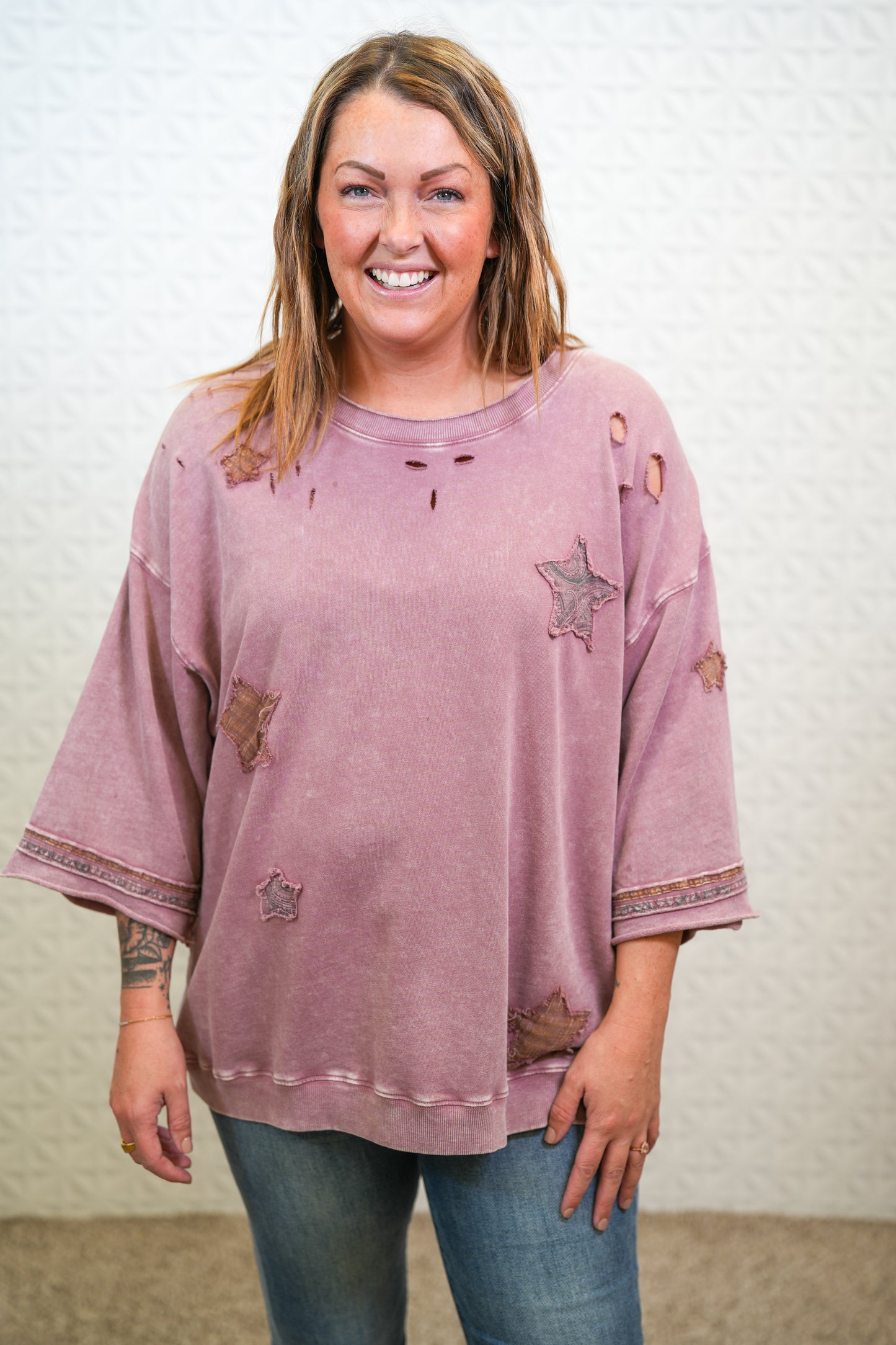 Star Patch Work Distressed Top - Faded Plum