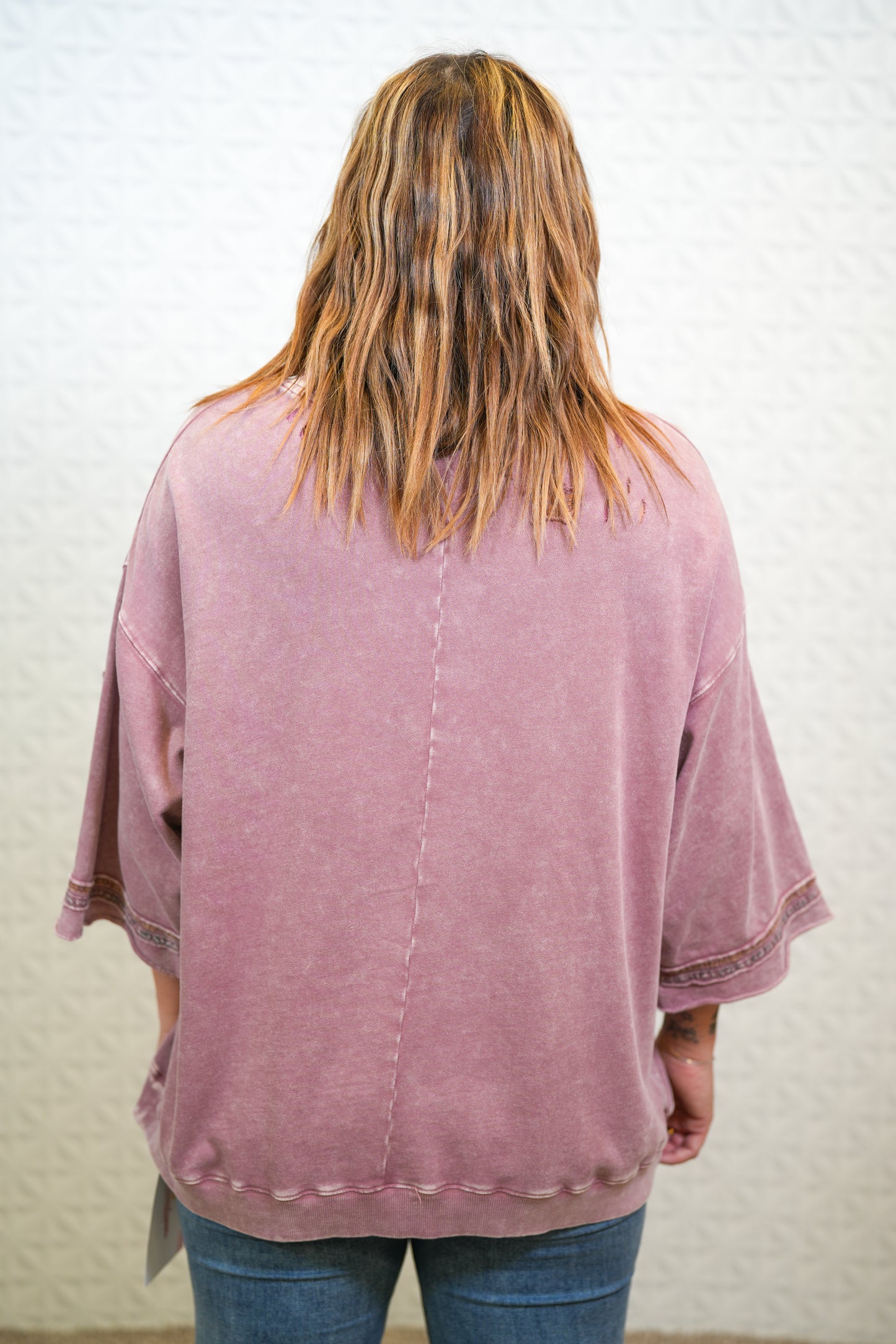 Star Patch Work Distressed Top - Faded Plum