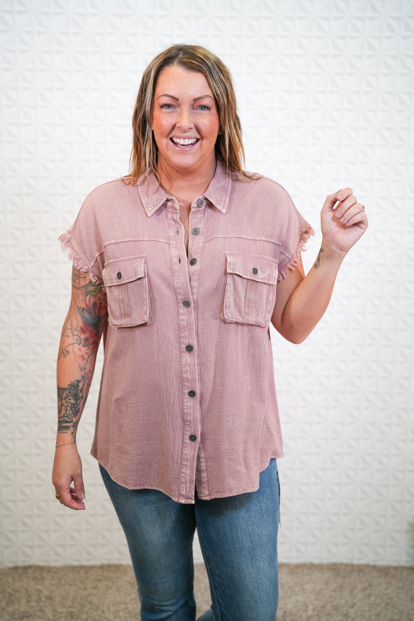 Raw Edge Cap Sleeve Mineral Washed Button Down Top - Dusty Rose