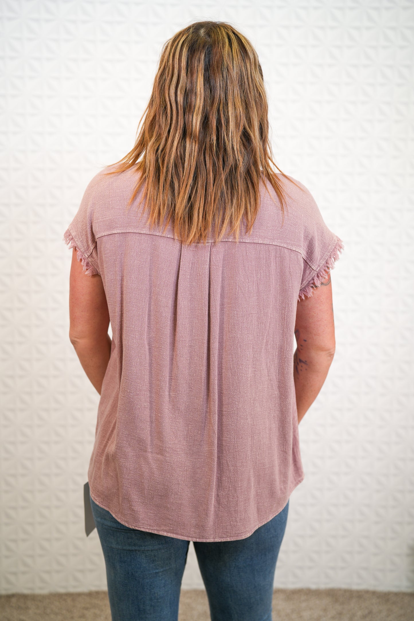 Raw Edge Cap Sleeve Mineral Washed Button Down Top - Dusty Rose