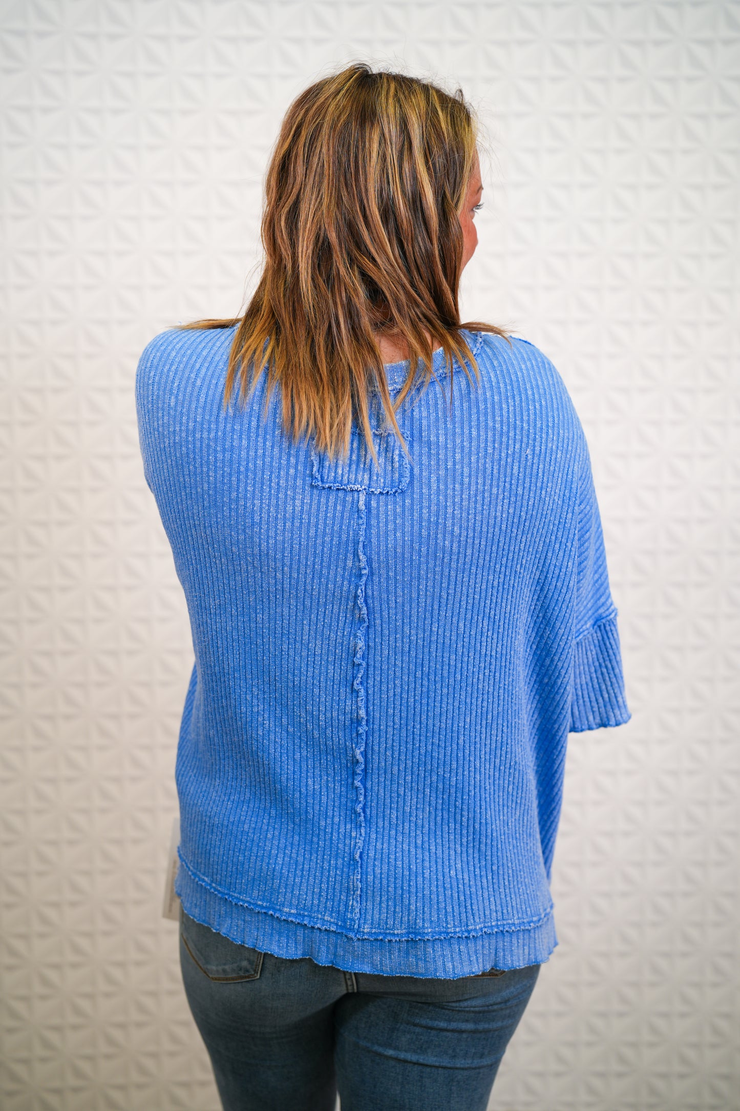 Short Sleeve Mineral Washed Thermal Knit Top -  Peri Blue