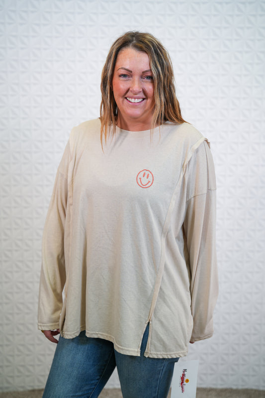 Cotton Slub Top with a Smiling Face Print - "Good to See U"