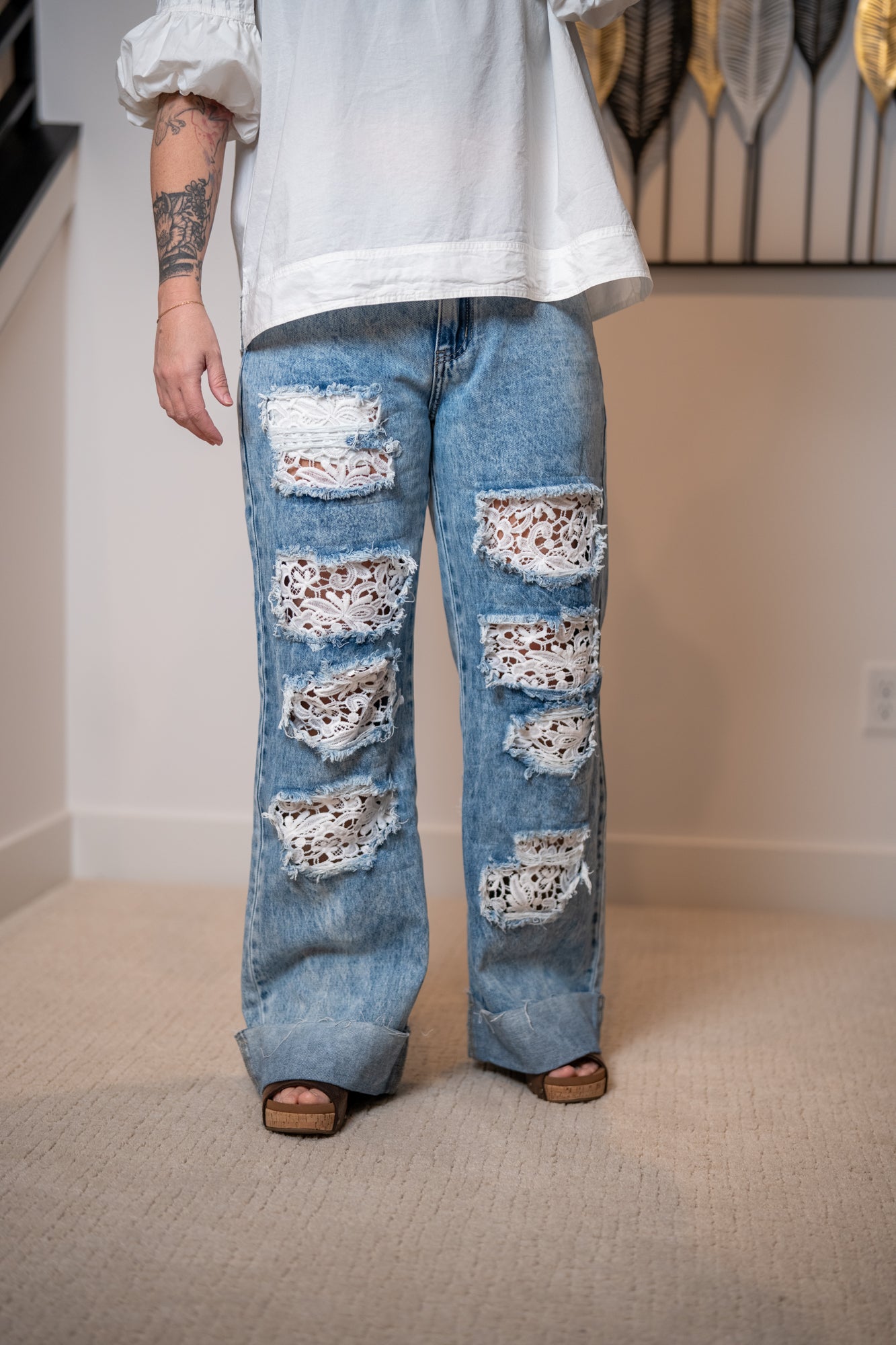 Oli & Hali Washed Distressed Lace Insert Denim Jeans
