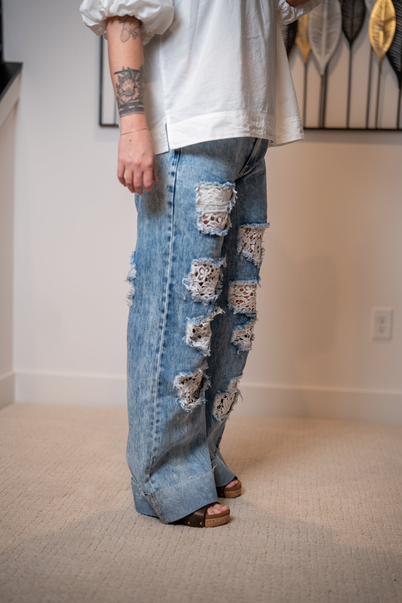 Oli & Hali Washed Distressed Lace Insert Denim Jeans