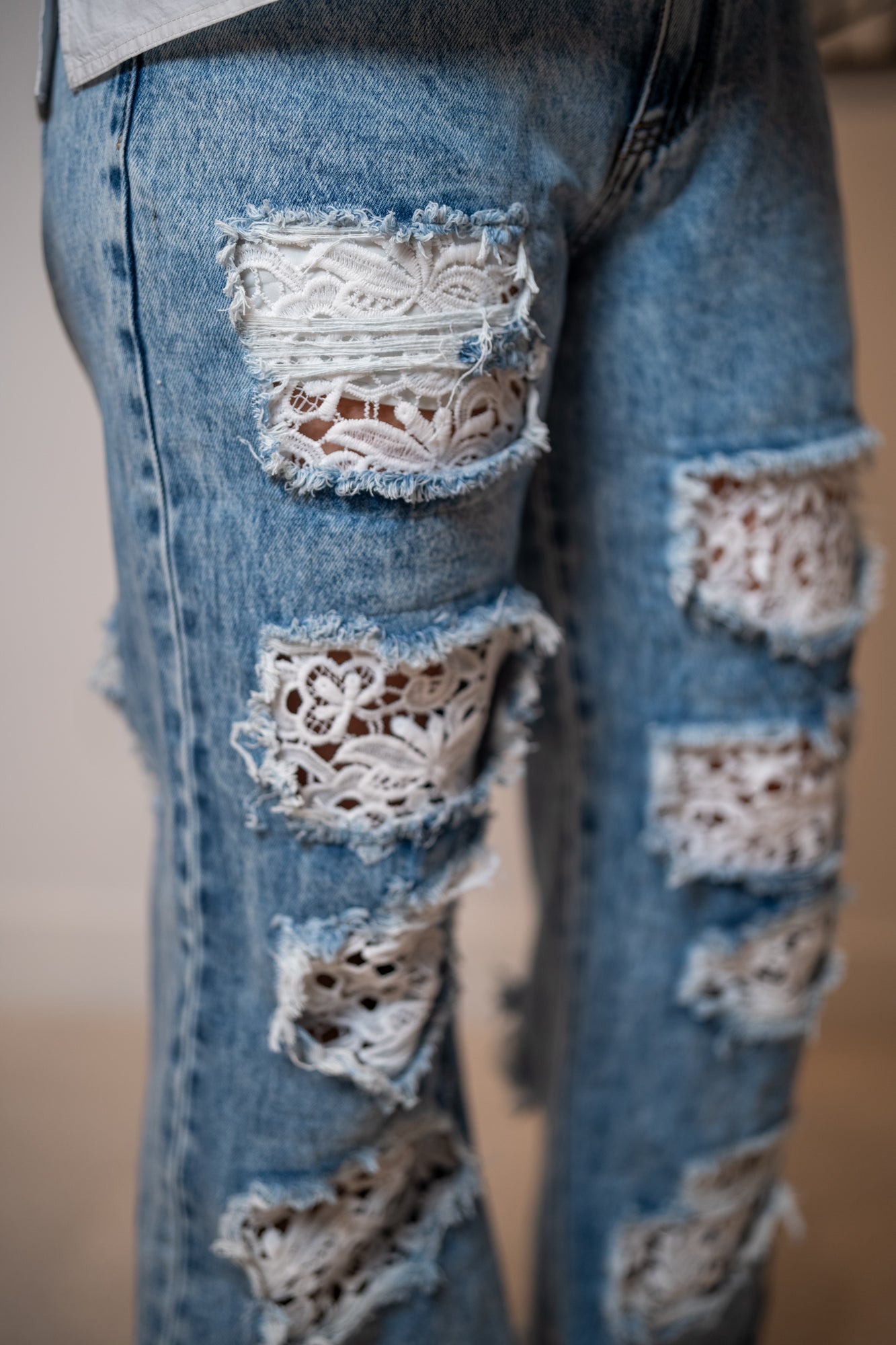 Oli & Hali Washed Distressed Lace Insert Denim Jeans
