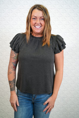Charcoal Knit Top with Ruffle Short Sleeves and Neck - Buttercup Lynne Boutique