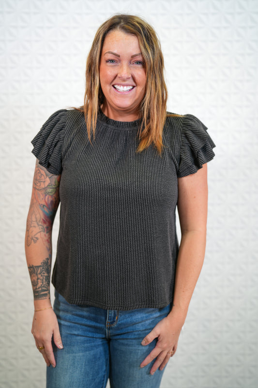 Charcoal Knit Top with Ruffle Short Sleeves and Neck