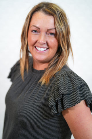 Charcoal Knit Top with Ruffle Short Sleeves and Neck - Buttercup Lynne Boutique