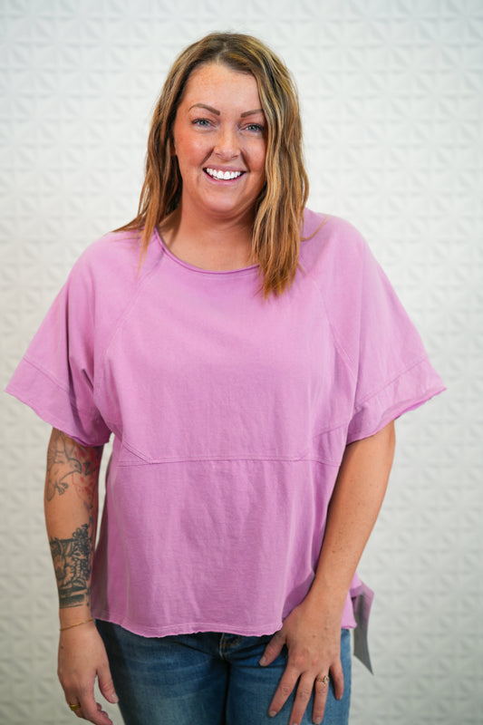 Short Sleeve Mineral Washed Jersey Top in Lilac Pink