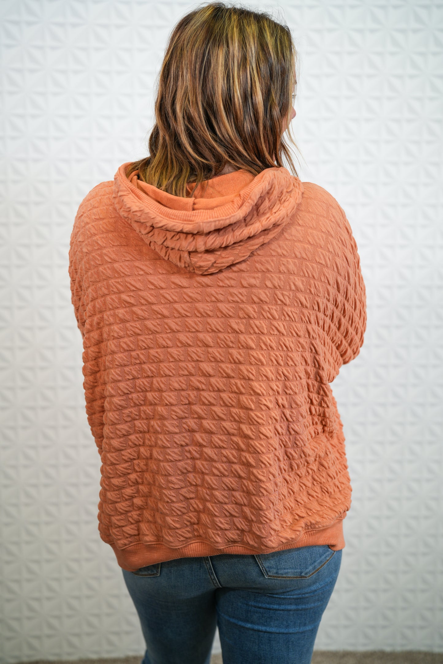 Knit Pullover Hoodie Apricot 3/4 Sleeve