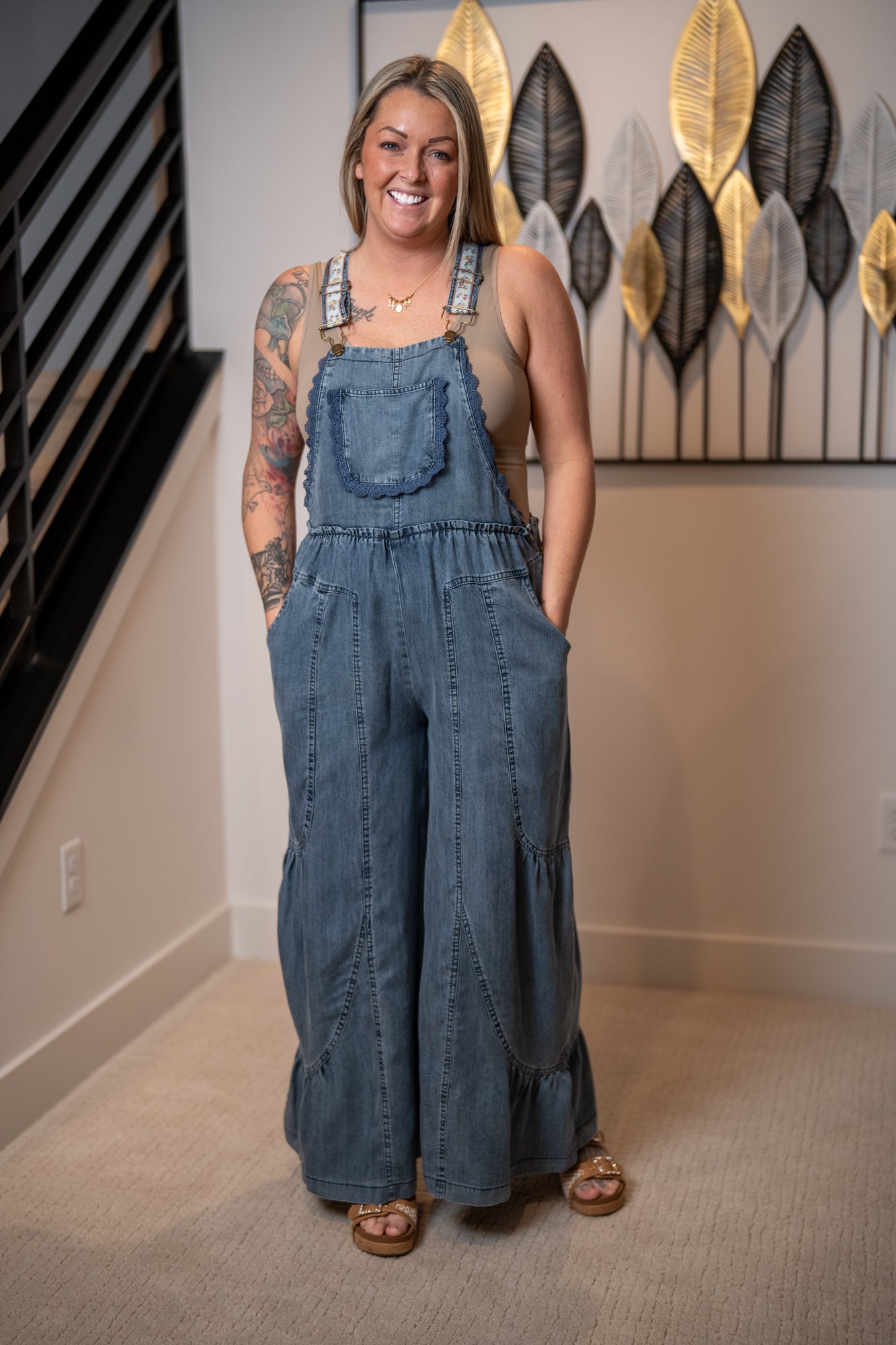 Easel Washed Chambray Wide Leg Overalls