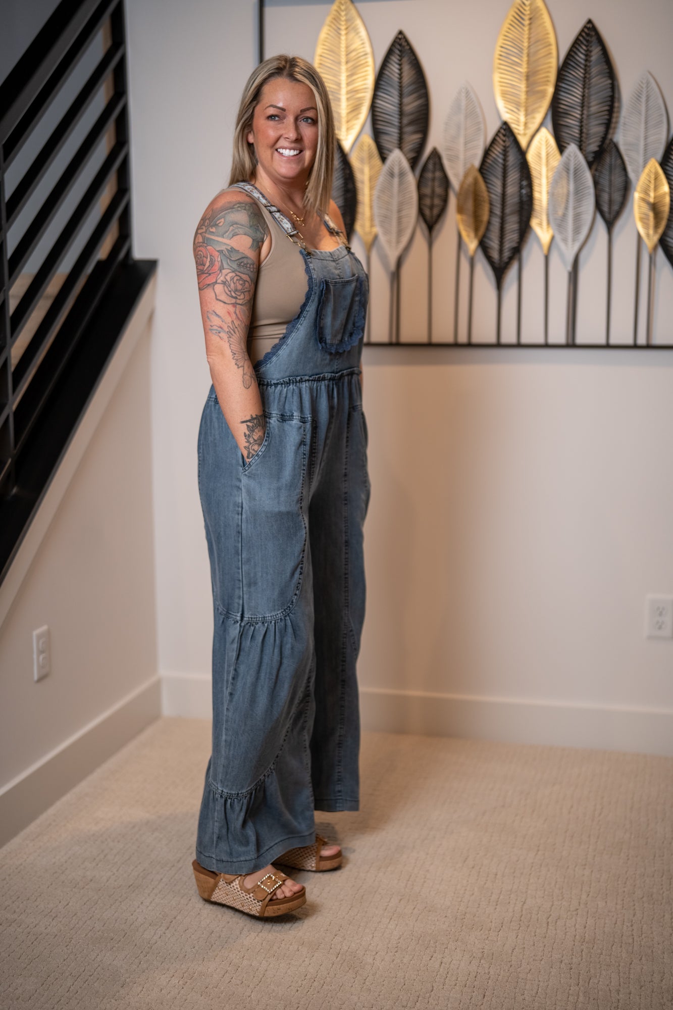 Easel Washed Chambray Wide Leg Overalls