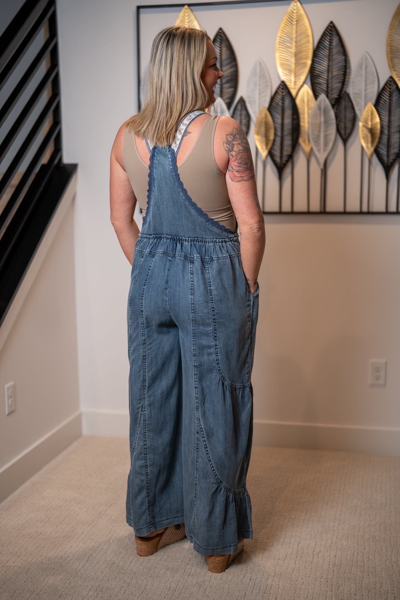 Easel Washed Chambray Wide Leg Overalls