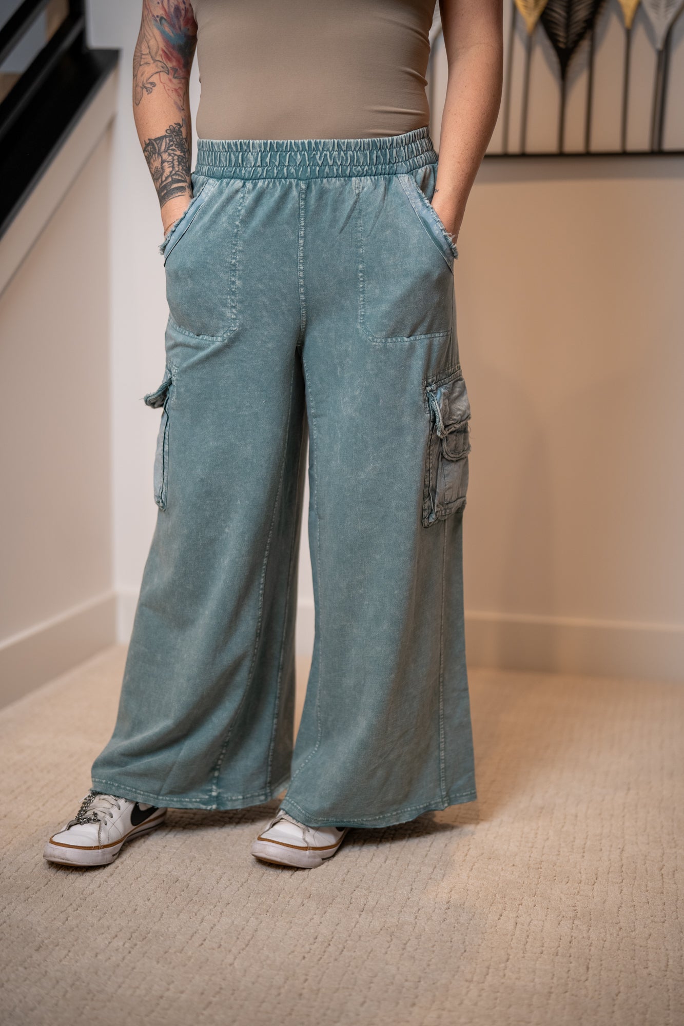 Easel Washed Terry Knit Cargo Pants