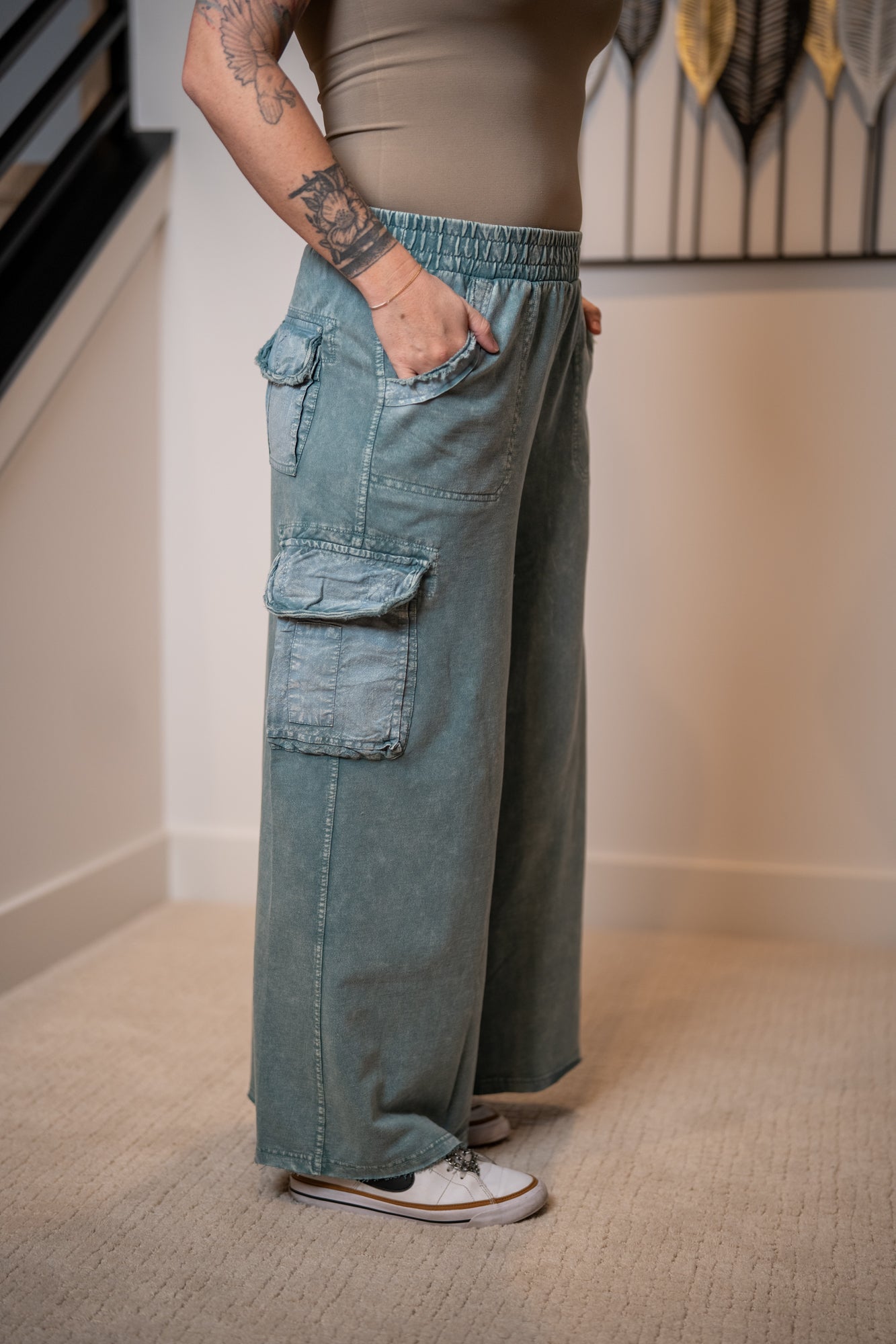 Easel teal cargo wide leg pants