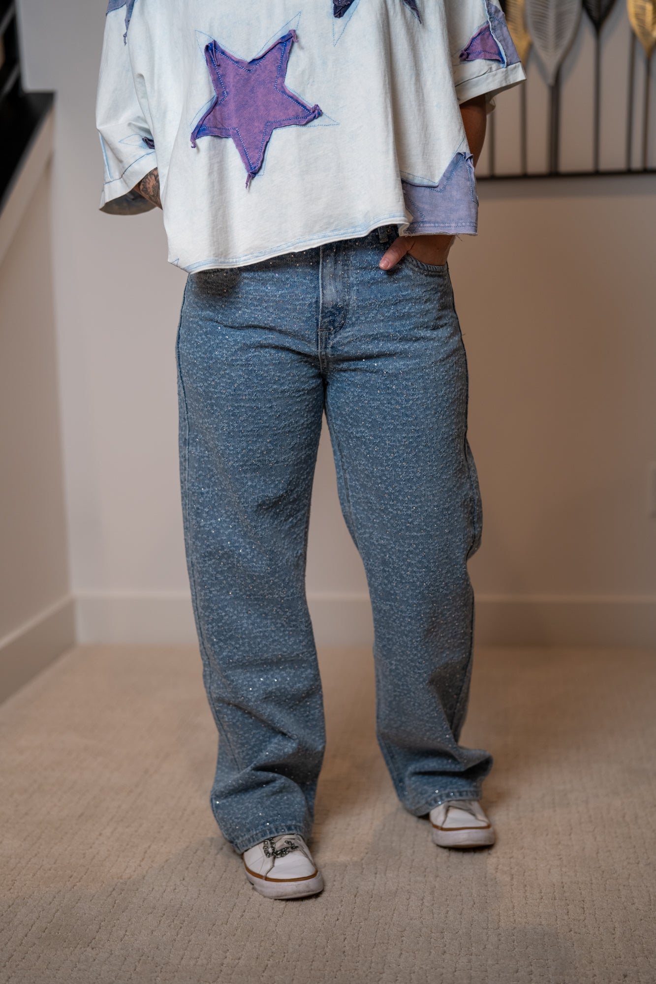 Washed All Over Rhinestone Embellished Denim Jeans