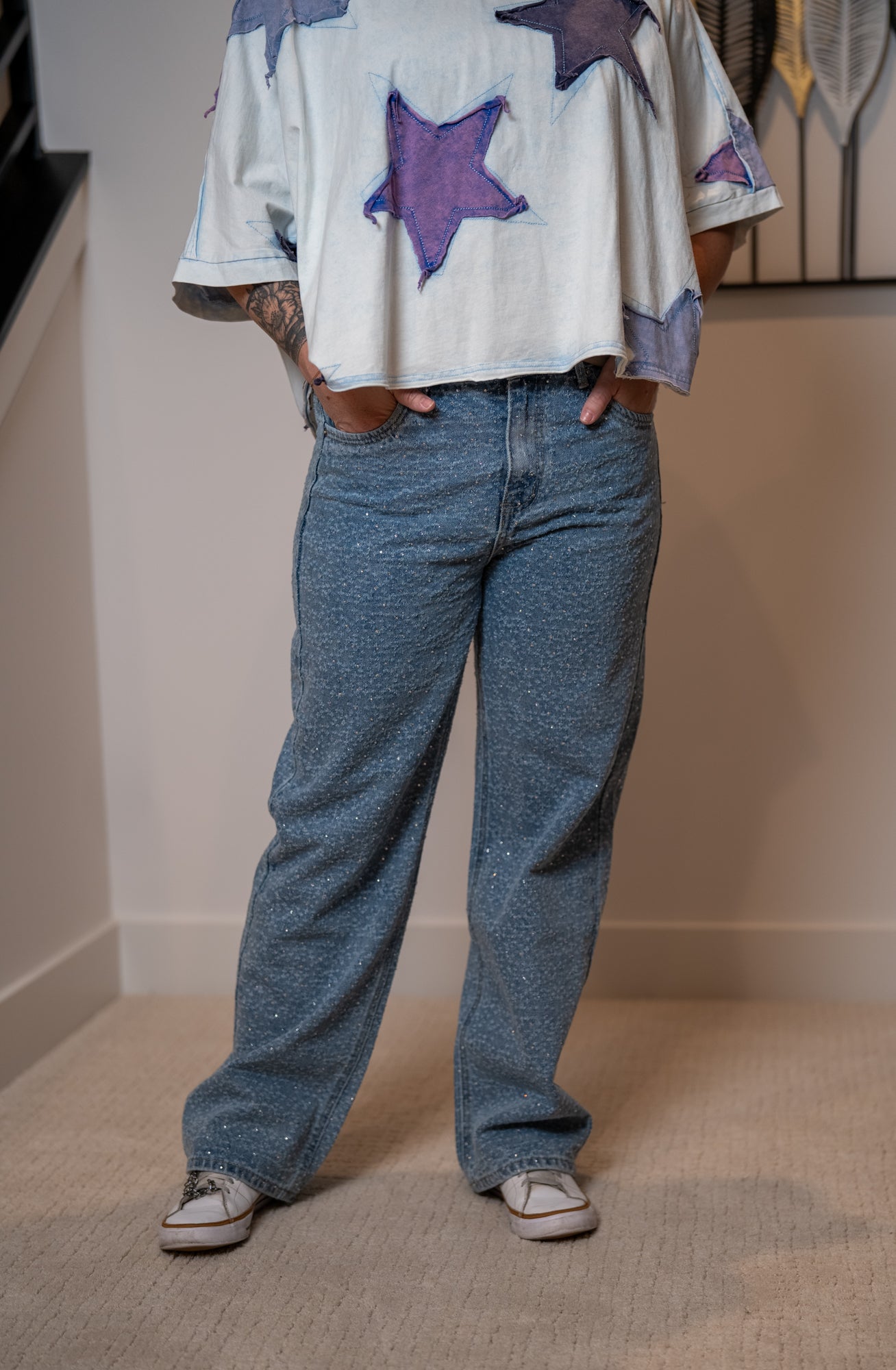 Washed All Over Rhinestone Embellished Denim Jeans