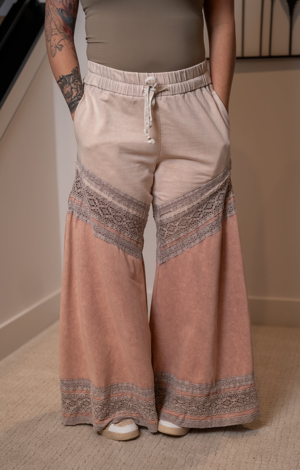 Oli & Hali Washed Fabric Mix Wide Leg Pants
