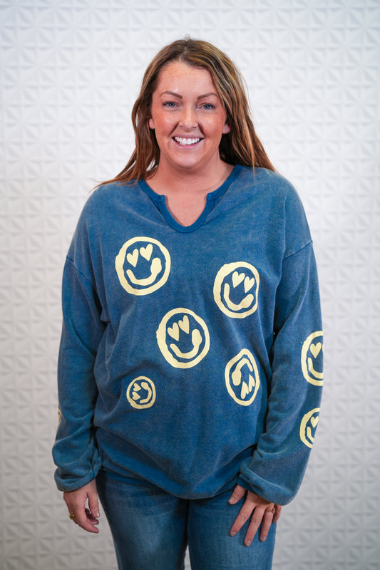 Smiley Face Printed Washed Terry Knit Pullover - Blue Denim