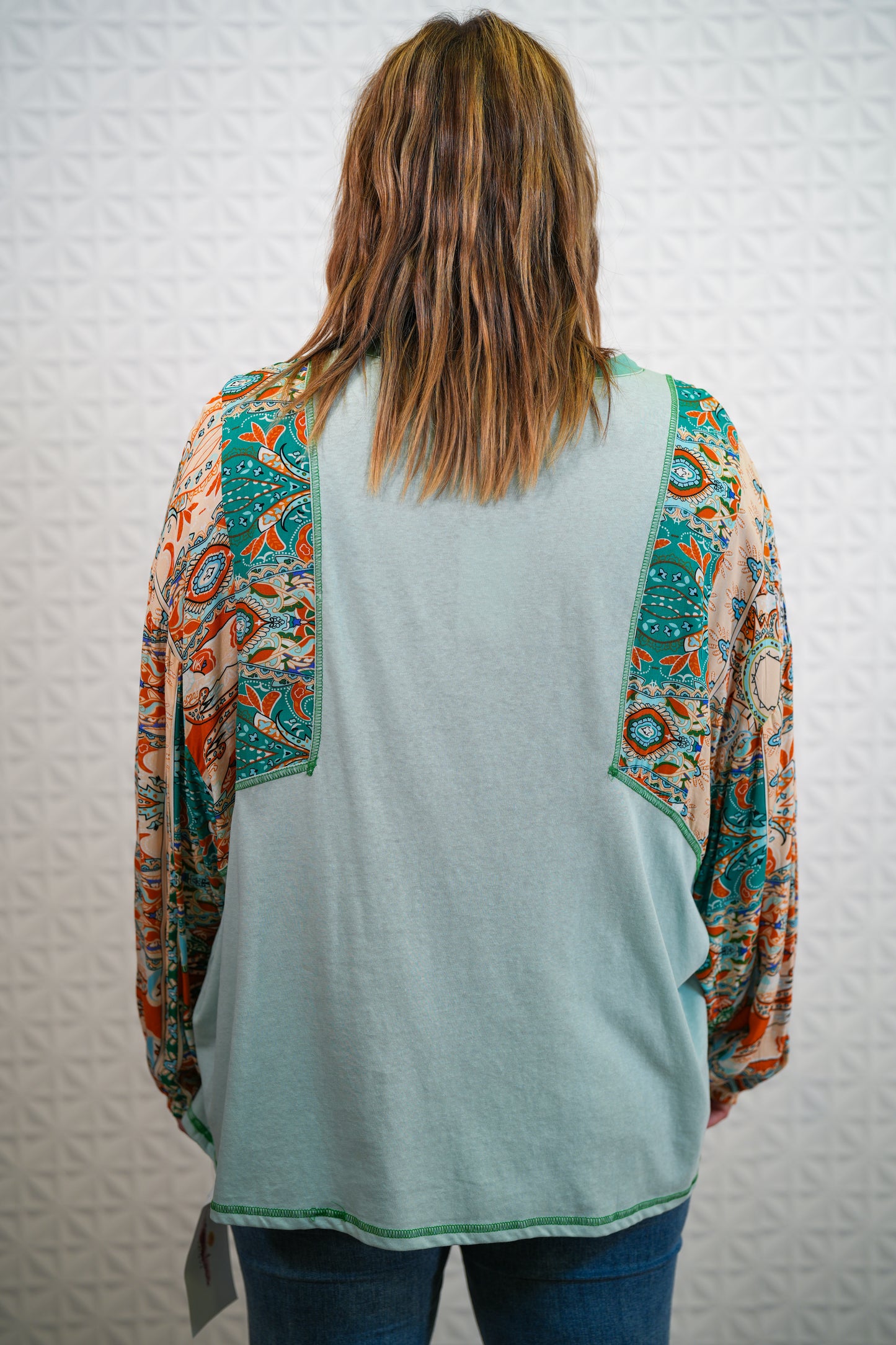 Sage Green Print Mixed with Cotton Slub Knit Top - Plus