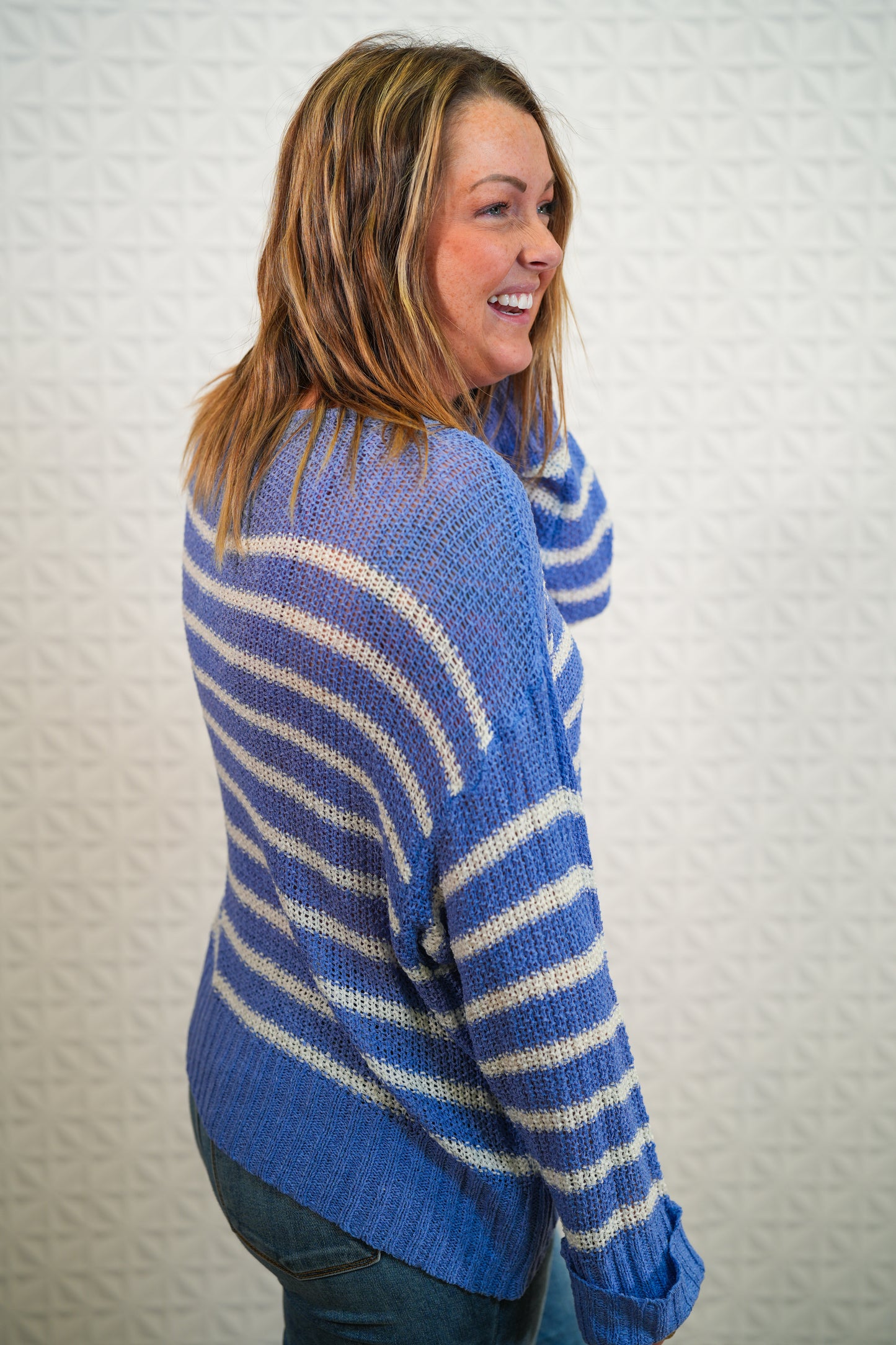 Knitted Sweater - Relaxed Fit - Periwinkle with White Stripes