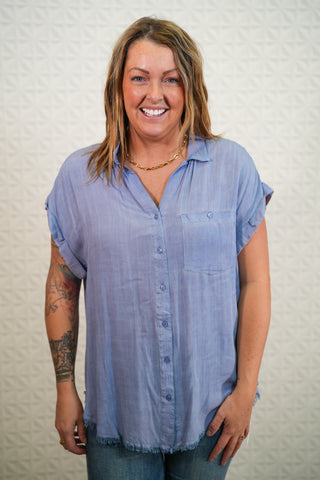V-Neck Button Down Top with Frayed Hem - Denim - Buttercup Lynne Boutique