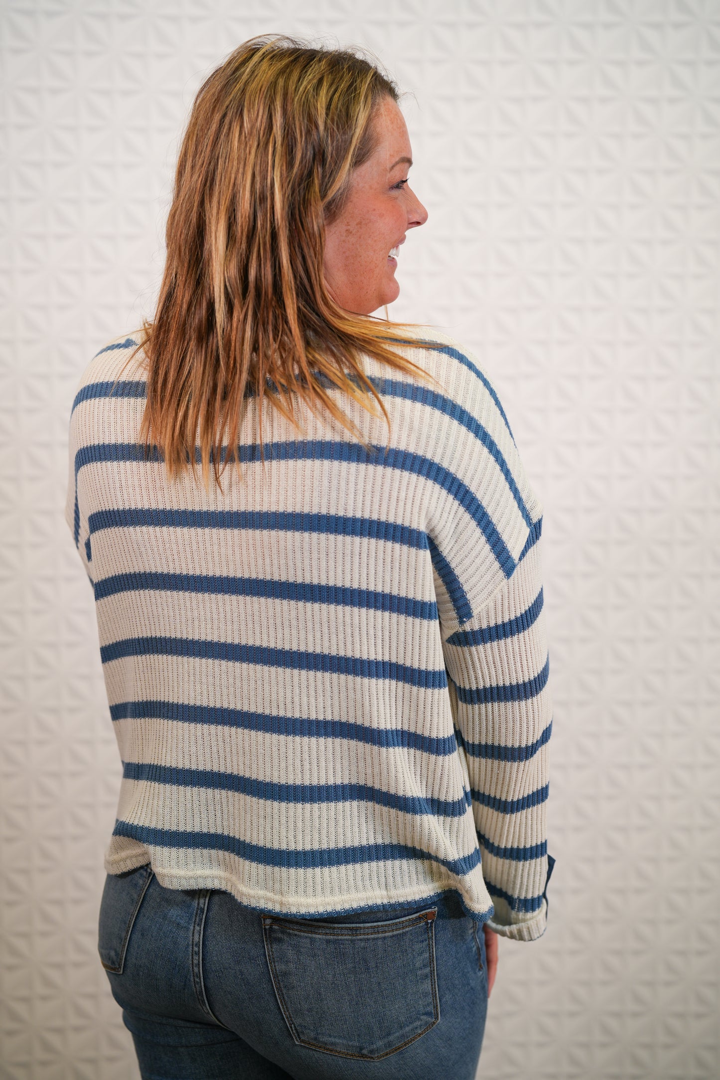 Denim Striped Knit Top 3/4 Sleeve