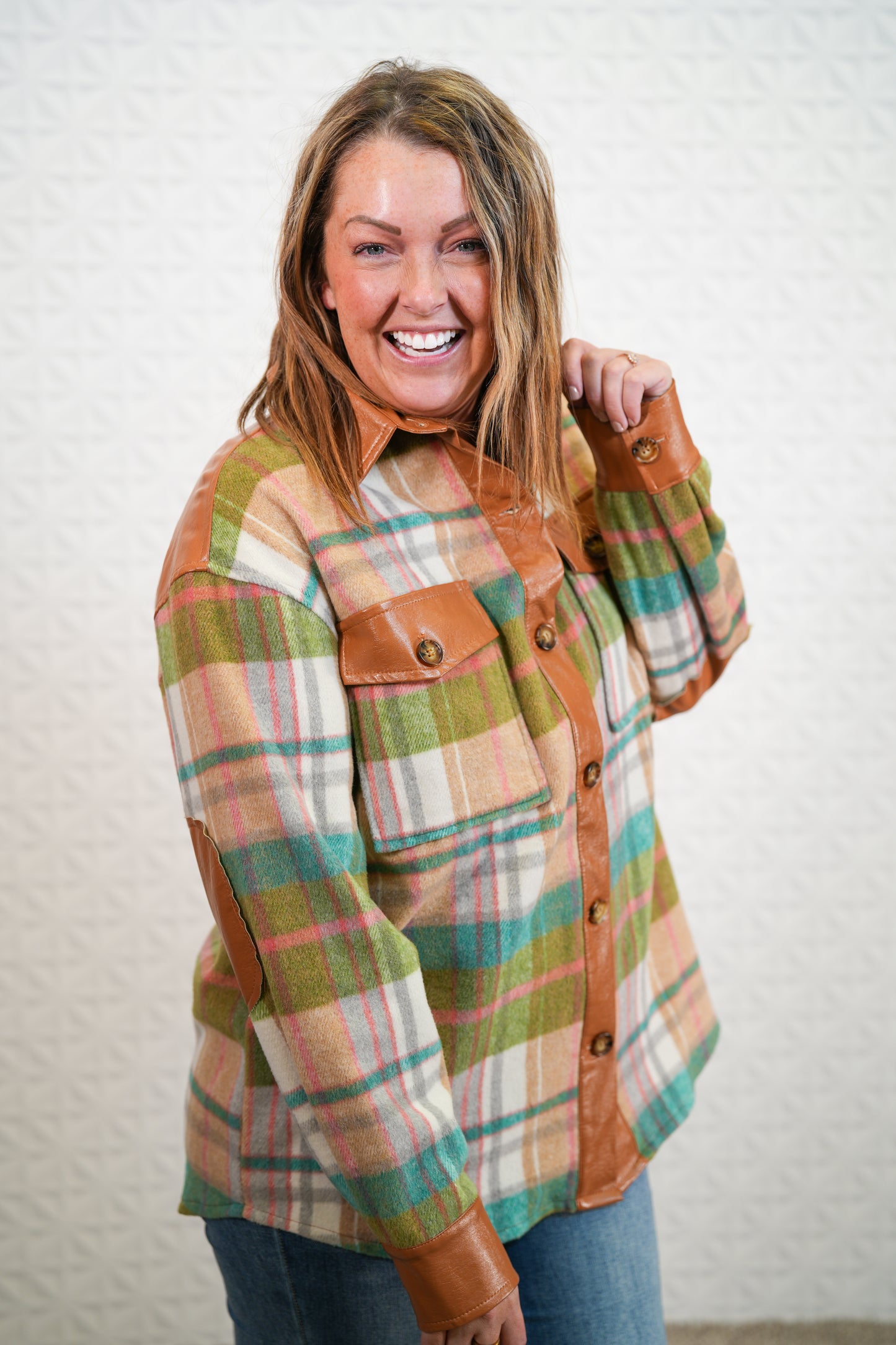 Plaid Button Down Shacket - Green - Brown