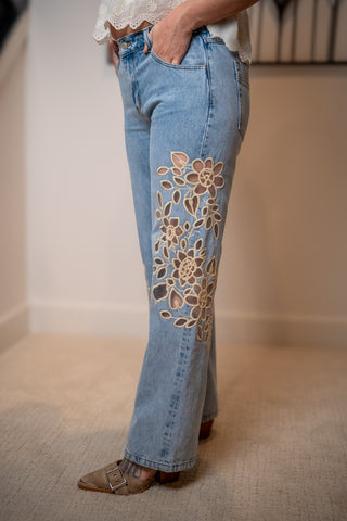 oli and hali straight leg denim with floral lace cut out detail