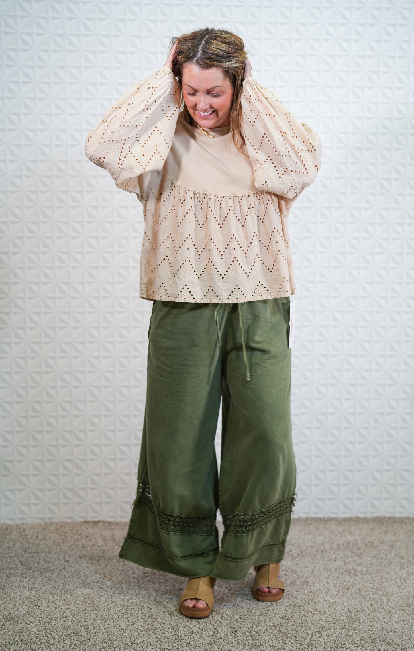 Eyelet Lace Babydoll Tunic - Khaki and Malibu Pink