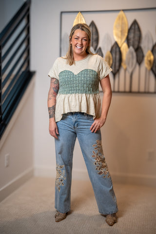 Oli and Hali sage washed smocked peplum top with short sleeves and flowy relaxed fit