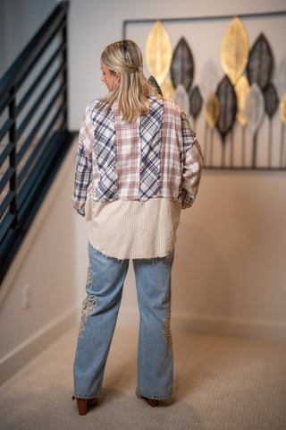 Back view of Oli and Hali washed plaid patchwork button down shirt with mixed patterns and neutral colors