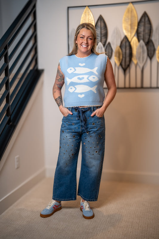 Oli & Hali Washed Grommet Wide Leg Jeans