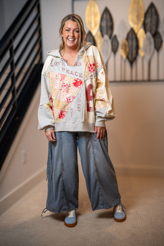 Oli and Hali oversized patchwork graphic hoodie with mixed print design and relaxed fit
