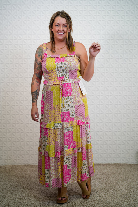 Lime Pink Patchwork Maxi Dress